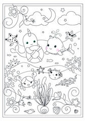 Black and White Cartoon llustrations of Funny Sea Life Animals and Fish Mascot Characters Group for Children for Coloring Book pages
