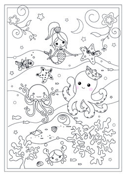 Black and White Cartoon llustrations of Funny Sea Life Animals, Mermaid  and Fish Mascot Characters Group for Children for Coloring Book