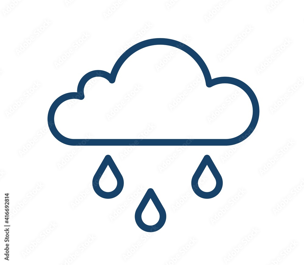 Aufkleber Abstract icon of wet and rainy weather with drops falling from cloud. Simple raincloud logo with three raindrops in line art style. Contoured flat vector illustration of isolated on white background