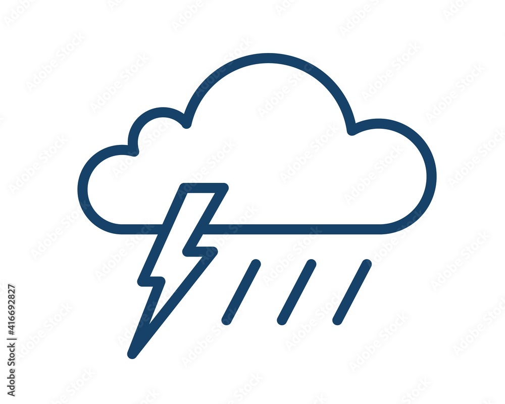 Poster thunder storm icon with cloud, lightning and rain. simple weather logo of thunderstorm with thonderb