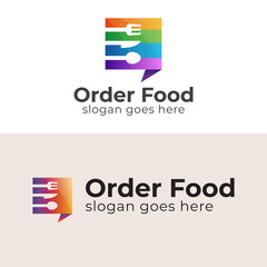 Spoon fork food chat talk conversation logo template, online ordering food delivery logo symbol or icon