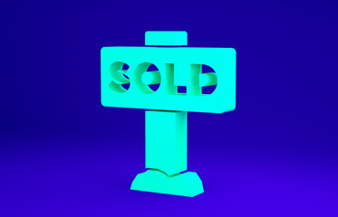 Green Hanging sign with text Sold icon isolated on blue background. Sold sticker. Sold signboard. Minimalism concept. 3d illustration 3D render.