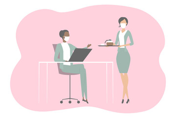 Secretary in mask bring coffee to boss. Vector illustration.