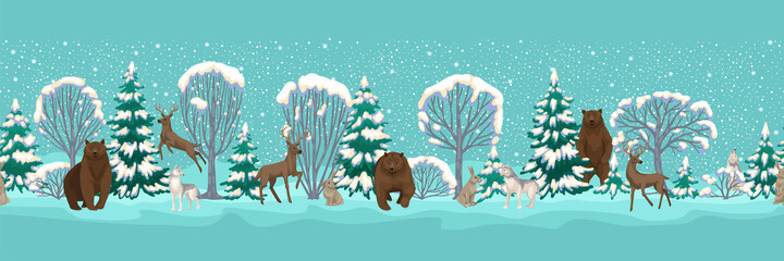 Wild animals in the snow winter forest. Deer, bear and hares walk among the snowy trees. Vector endless seamless border, horizontal pattern.