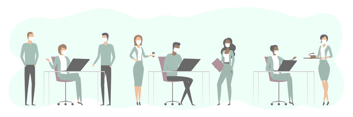 Teamwork in open plan office. Employees in face masks.  Vector illustration.