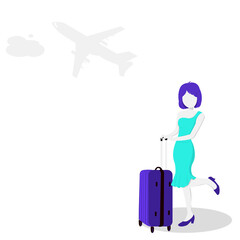 Cartoon Alone girl wearing light blue dress with purple luggage at the airport are going on vacation in gray air plane background.Air travel to warm countries. Vector illustration flat design  style.