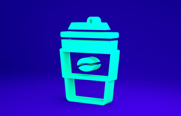 Green Coffee cup to go icon isolated on blue background. Minimalism concept. 3d illustration 3D render.