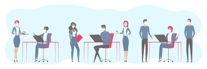 Teamwork in open space office. Employees in masks. Vector illustration.
