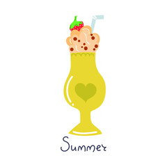 Hand drawn milkshake with text summer. Sweet cocktail. Flat illustration.