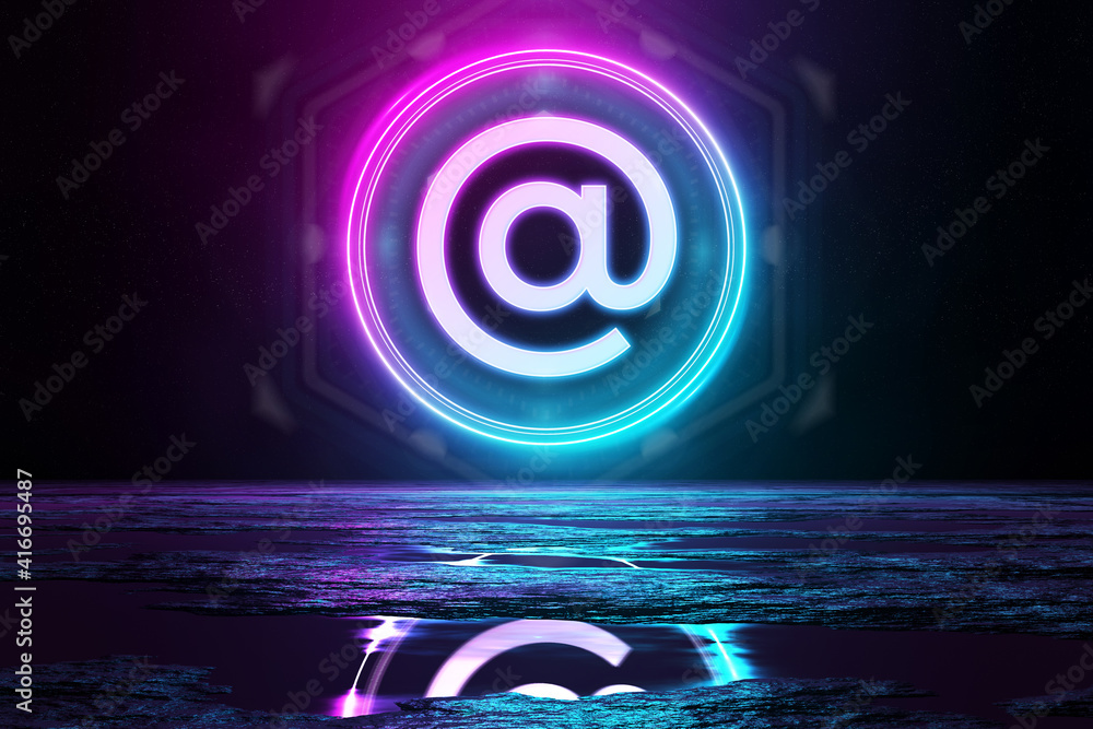 Poster digital contact holographic icon illuminating the floor with blue and pink neon light 3d rendering