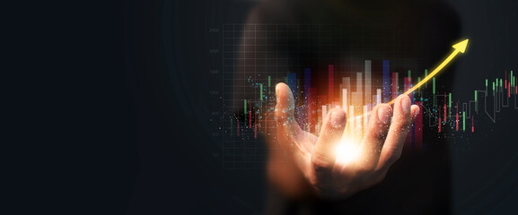 Businessman holding the glow light Data digital marketing graph in dark background. 3D illustration...