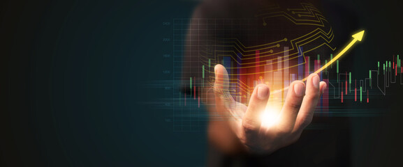 Businessman holding the glow light Data digital marketing graph in dark background. 3D illustration...