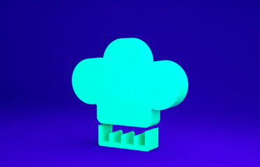 Green Chef hat icon isolated on blue background. Cooking symbol. Cooks hat. Minimalism concept. 3d illustration 3D render.