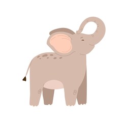 Cute baby elephant standing with trunk raised up. Funny happy animal character. Colored flat vector illustration isolated on white background