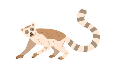 Cute and funny lemur with striped long tail raised up. Happy animal crawling on all four paws. Baby character. Colored flat vector illustration isolated on white background