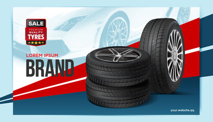 Car tire advertising poster. Black rubber tire. Realistic vector.  Wheel set background. © Strajinsky