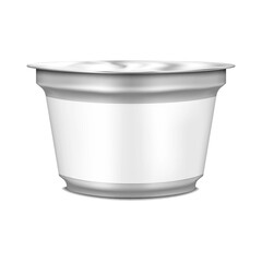 Round plastic container with blank white label and peel off foil lid, vector mockup. Food product package, realistic mock-up