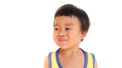 Adorable 2 years old happy cute little Asian boy with smiling face isolated on white background.