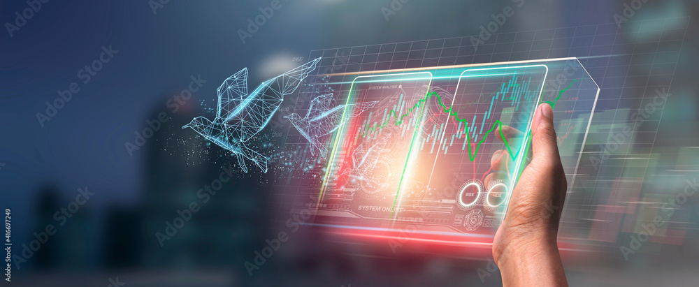 Wall mural digital of virtual marketing in situations with business and finance networking on interface online 