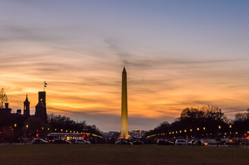 The Washington Monument at Sunset. An Obelisk within the National Mall in Washington DC, VA, USA Beautiful Colors in the Sky.