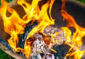 fire burns on wooden branches in an iron basin