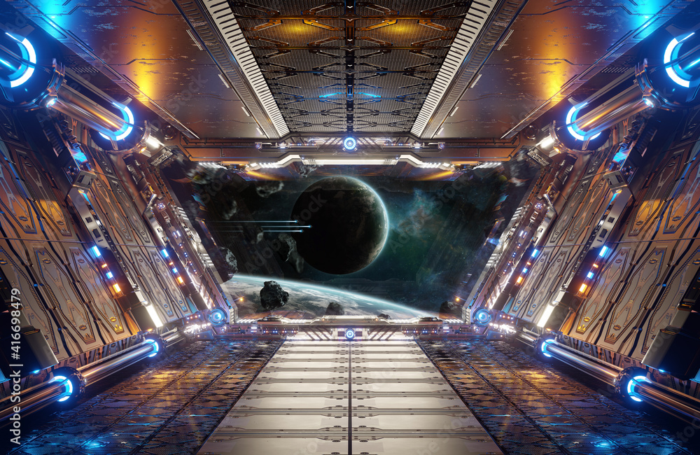 Leinwandbilder orange and blue futuristic spaceship interior with window view on distant planets system 3d renderin