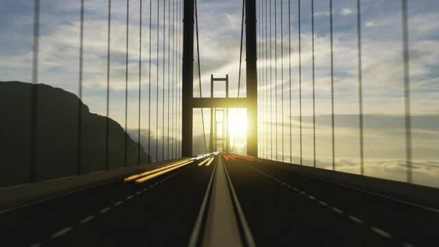 Forward motion accross the bridge with traffic speeding in both directions. Beautiful sunset is on the background. Hyperlapse 3d animation