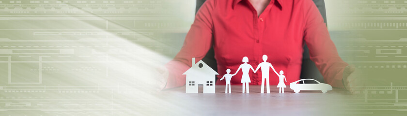 Fototapeta na wymiar Concept of home, family and car insurance; panoramic banner