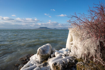 Frozen Lake Balaton with steel steps