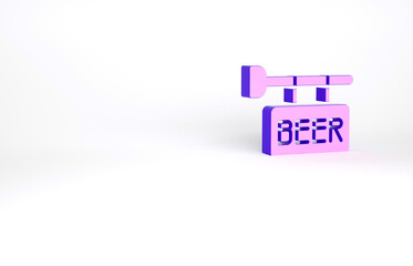Purple Street signboard with inscription Beer icon isolated on white background. Suitable for advertisements bar, cafe, pub, restaurant. Minimalism concept. 3d illustration 3D render.