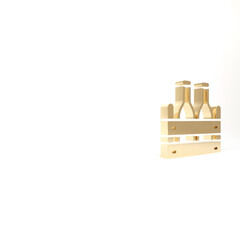Gold Pack of beer bottles icon isolated on white background. Wooden box and beer bottles. Case crate beer box sign. 3d illustration 3D render.