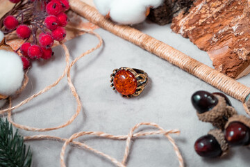 Bronze ring with amber stone
