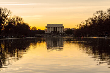 Lincoln Memorial and Reflecting Pool at Sunset in Washington DC, VA, USA. Beautiful Sky Colors....