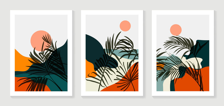 Mountain and Botanical wall art vector set. Earth tones landscapes wallpaper. Oasis Tropical backgrounds collection with mountain, sand, palm,Twigs leaf, moon or sun. Vector illustration.