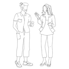 Young man and woman stand and hold the phone. Vector.
