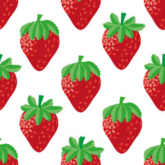Ripe strawberry seamless vector pattern background. Painterly watercolor effect red berries on white backdrop. Organic garden fruit geometric repeat for healthy food or summer home grown concept