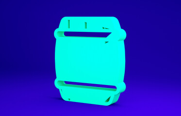Green Wooden barrel icon isolated on blue background. Alcohol barrel, drink container, wooden keg for beer, whiskey, wine. Minimalism concept. 3d illustration 3D render.