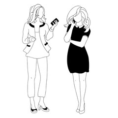 Young women stand and hold the phone. Vector linear illustration.