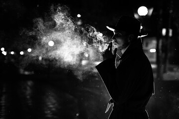 dark silhouette of a man in a hat Smoking a cigarette in the rain on a night street