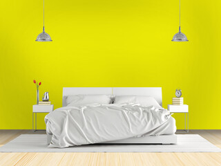 Minimalist master bedroom with double bed against yellow wall - 3d rendering