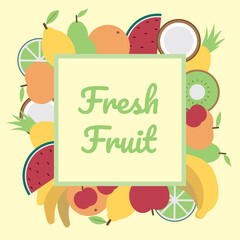 Set of vectors designed with all kinds of fruits with bright and colorful colors and with a square on top to put text