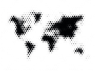 Halftone world map isolated. Vector illustration. Dotted map in flat design.
