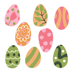 Colorful Easter eggs decorated with patterns. Vector hand drawn illustration isolated on white. Great for  Easter design, greeting cards, posters.