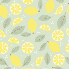 Seamless vector pattern with all natural yellow lemons, with green leaves and sliced ​​lemon pieces with a light green background