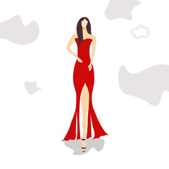 Beautiful Fashion Girl with red dress premium vector illustration; A sexy top model walks vector Art portrait

