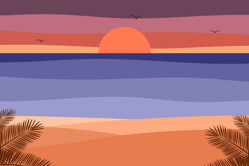 Fototapeta na wymiar Vector with a design of a beach at sunset, with the sea in the background, with clouds, birds, palm trees and sand