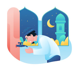 Illustration Vector Graphic of a male Muslim doing (wudhu) ablution, man take water to washing hand.