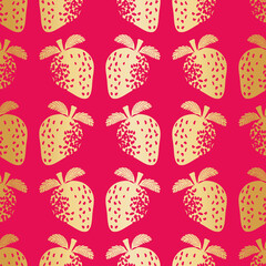 Gold foil effect strawberry seamless vector pattern background. Stencilled berries warm pink backdrop with textured effect. Elegant organic garden fruit all over print for summer celebration