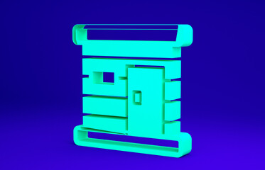 Green Sauna wooden bathhouse icon isolated on blue background. Heat spa relaxation therapy bath and hot steam healthcare, relax therapy. Minimalism concept. 3d illustration 3D render.