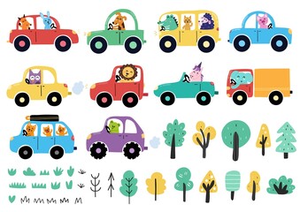 Cute animals driving cars collection. Transport set with funny cartoon characters. Vehicle clipart for kids and baby design. Vector illustration